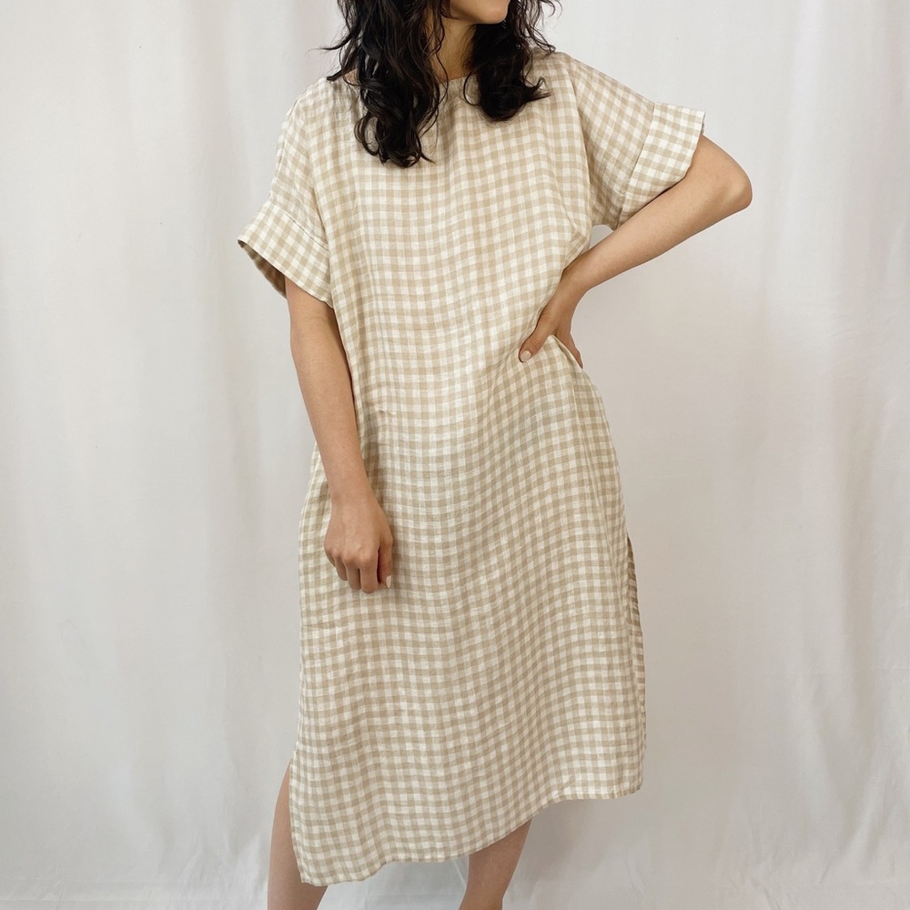 notPERFECTLINEN Beige Checkered Linen Dress